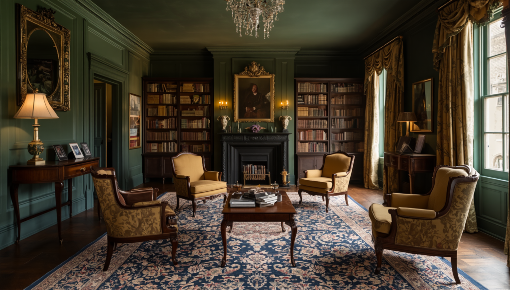 Traditional British interior design sitting room with heritage green walls and antique furniture