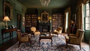 Traditional British interior design sitting room with heritage green walls and antique furniture